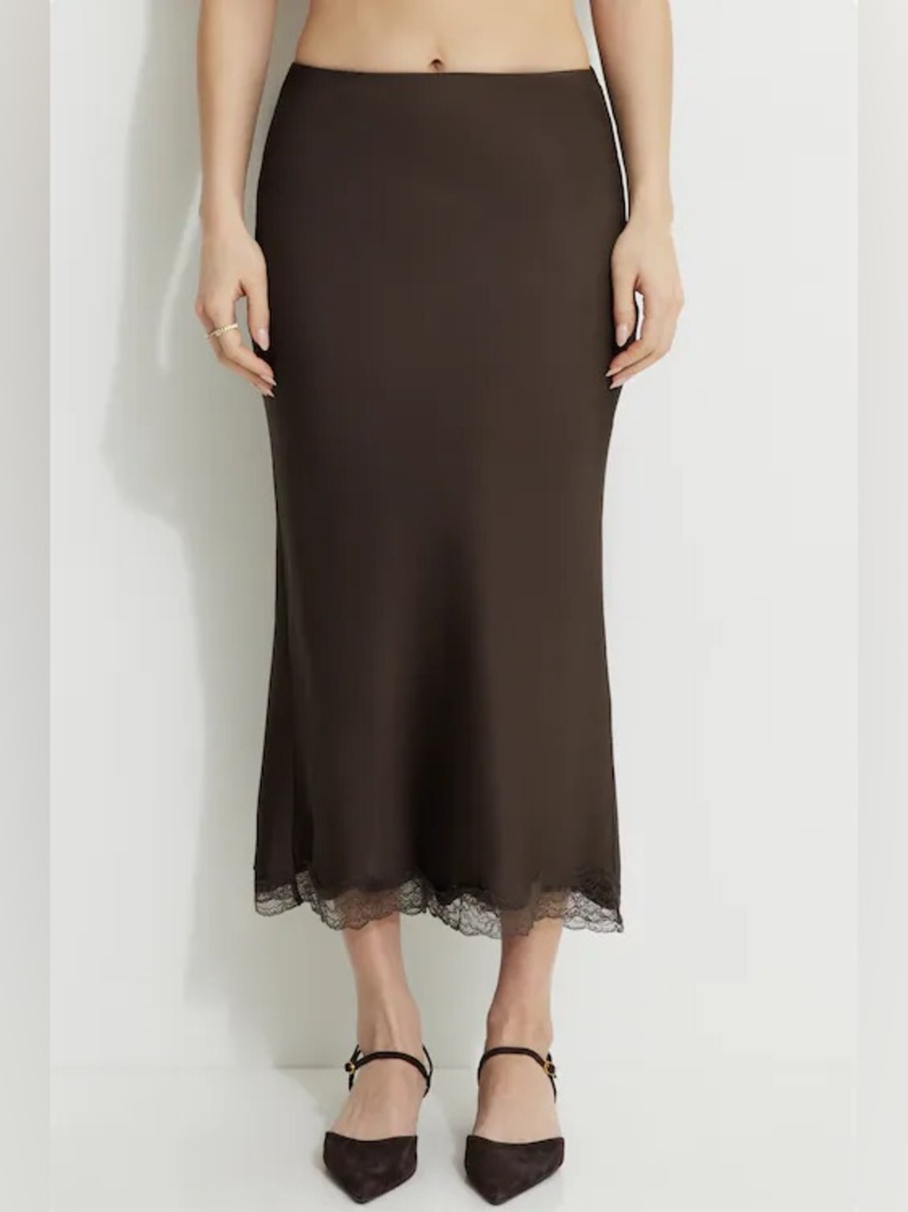 Dynamite Satin Midi Skirt with Lace Trim